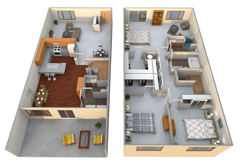 A 3D floor plan of a two-bedroom apartment.